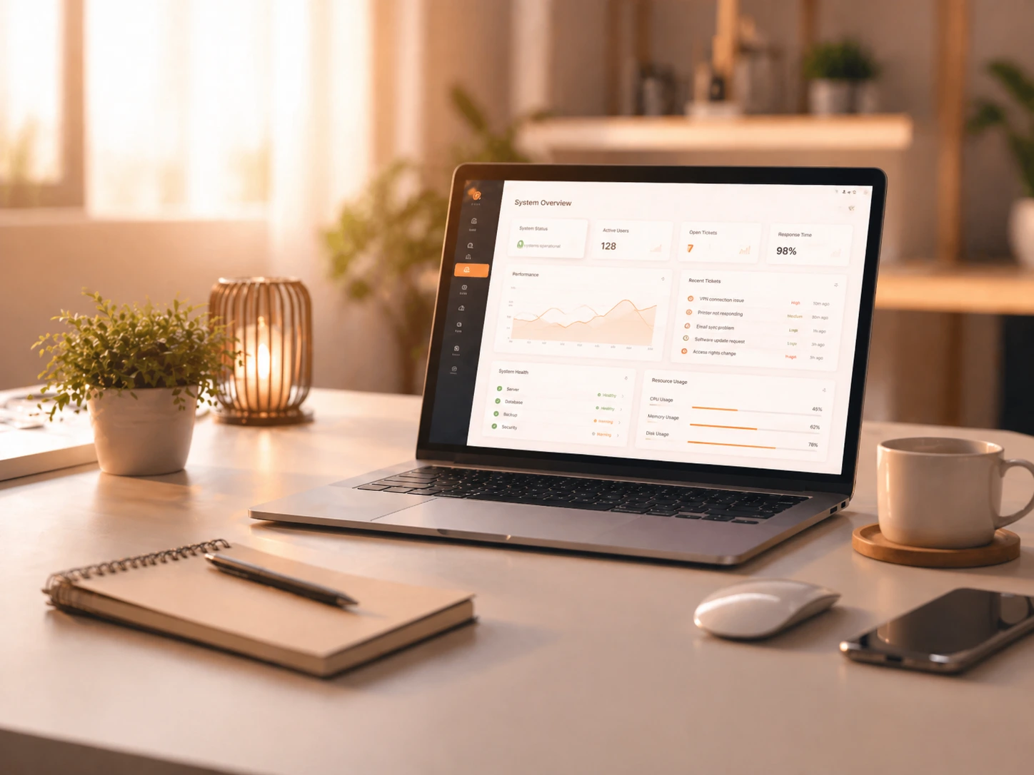 System-Overview mit Tickets und Performance-Daten auf einem Laptop
